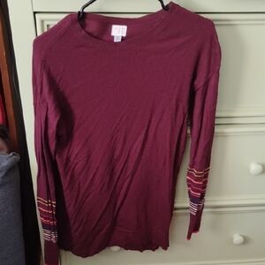 a new day Burgundy Long-Sleeve Crewneck Sweater with Multicolor Striped Cuffs